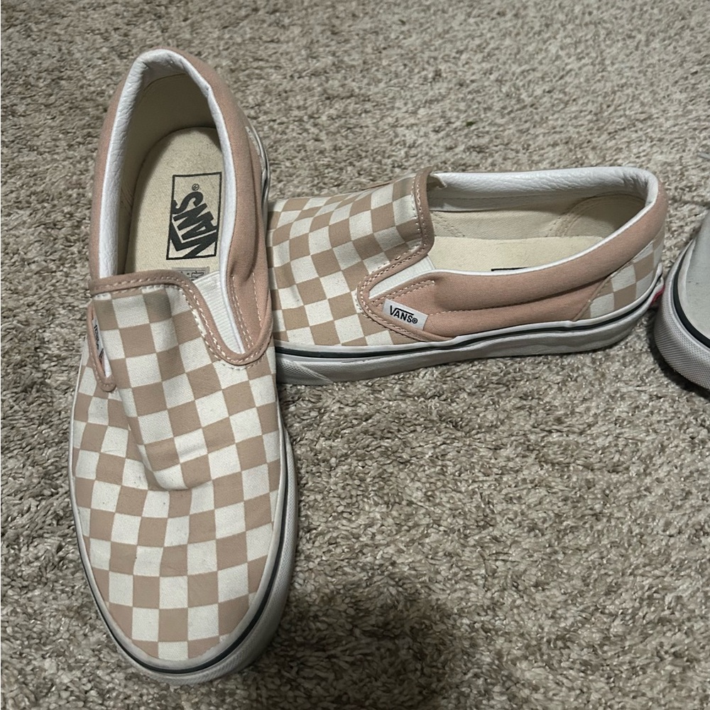Vans Beige and White Checkered Slip-Ons
